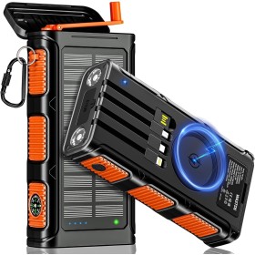 WASTDE Power Bank Solar Inalámbrico de 26800mAh con Manivela y 4 Cables, Cargador Solar USB-C Carga Rápida 7 Salidas 4 Entradas