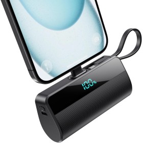 Mini Bateria Externa para iPhone, 5500mAh Cargador Portátil con Cable USB C Integrado 20W PD Carga Rapida Power Bank Compacto