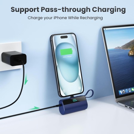 Mini Bateria Externa para iPhone, 5500mAh Cargador Portátil con Cable USB C Integrado 20W PD Carga Rapida Power Bank Compacto