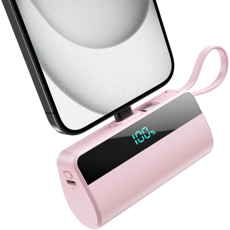 Mini Bateria Externa para iPhone, 5500mAh Cargador Portátil con Cable USB C Integrado 20W PD Carga Rapida Power Bank Compacto