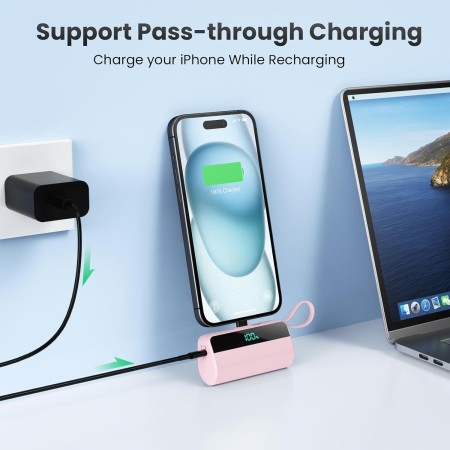 Mini Bateria Externa para iPhone, 5500mAh Cargador Portátil con Cable USB C Integrado 20W PD Carga Rapida Power Bank Compacto