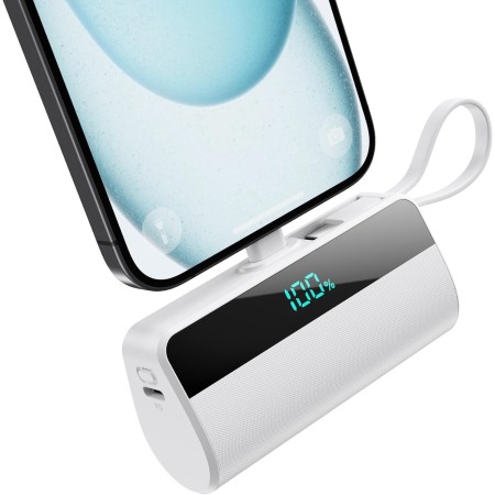 Mini Bateria Externa para iPhone, 5500mAh Cargador Portátil con Cable USB C Integrado 20W PD Carga Rapida Power Bank Compacto