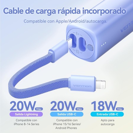 VENTION Mini Power Bank 5000 mAh con cavo USB C & Lightning PD 20 W Colorato Power Bank Piccola Ricarica Rapida con Display LED,