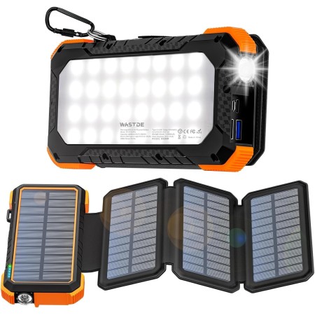 WASTDE Solar Power Bank 26.800mAh Met zonnepaneel, Solar Charger Power Bank USB-C 18W Output/Input Snel opladen Met kampeerlamp