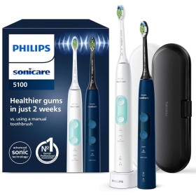 Philips Sonicare ProtectiveClean 5100 Pack Doble, 3 Modos, Sensor de Presión, Temporizador, Anterior, Azul/Blanco