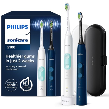 Philips Sonicare ProtectiveClean 5100 Pack Doble, 3 Modos, Sensor de Presión, Temporizador, Anterior, Azul/Blanco