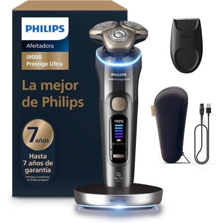 Philips i9000 Prestige Ultra, Afeitadora Eléctrica Hombre, Máquina de Afeitar Barba Seco y Mojado, SkinIQ Pro, Base de Carga,