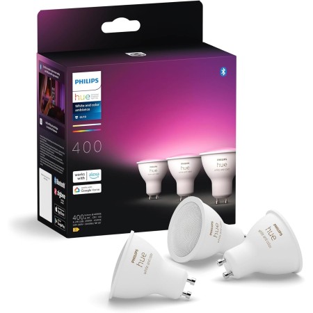 Philips Hue - Pack 3 Bombillas Led inteligentes, GU10, Luz Blanca y de Colores, 4.2W 400 lúmens, con Bluetooth, Compatible con
