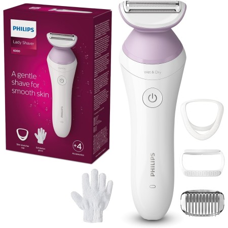 Philips Afeitadora de Mujer Serie 6000, 4 accesorios, Incluye Guante Exfoliante, Peine Guia y Cepillo de Limpieza, BRP136/00,