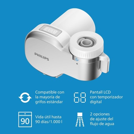 Philips Filtro de agua Ontap MICROFILTRACIÓN con PANTALLA DIGITAL y 3 cartuchos de repuesto, filtra sedimentos, cloro y otras