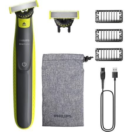 Philips OneBlade 360 Auténtico Recortadora y afeitadora eléctrica para barba, 2 cuchillas 360, 3 peines para barba incipiente