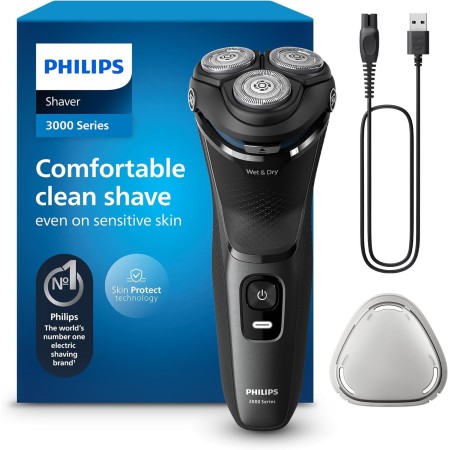 Philips Serie 3000 Afeitadora Eléctrica Hombre, Máquina de Afeitar Barba con Cortapatillas, 27 cuchillas, Cuida la piel, 60min