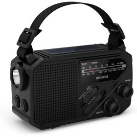 Philips TAR1609: radio portátil FM/AM con batería interna recargable, pilas AAA y manivela de soporte, energía solar, luz LED y