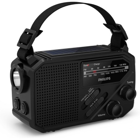 Philips TAR1609: radio portátil FM/AM con batería interna recargable, pilas AAA y manivela de soporte, energía solar, luz LED y