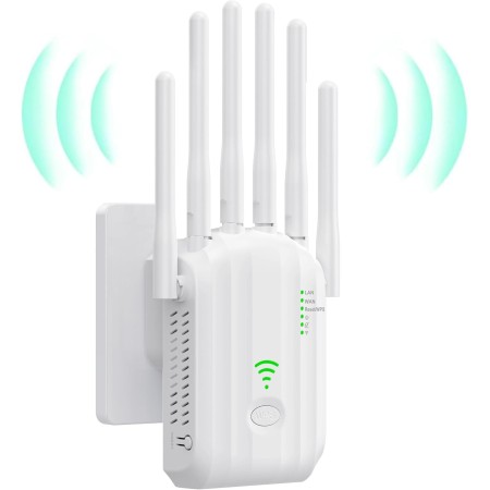 Repetidor WiFi, Amplificador de Señal WiFi,6 Antenas, 2 Puertos LAN,Extensor WiFi/Router/Repetidor/Ap Modo,Cobertura Total de