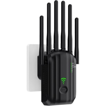 Repetidor WiFi, Amplificador de Señal WiFi,6 Antenas, 2 Puertos LAN,Extensor WiFi/Router/Repetidor/Ap Modo,Cobertura Total de