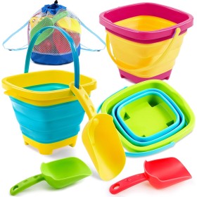 Sloosh Cubo Plegable (Paquete de 3, con 3 Palas), Cubo de Arena, Cubo, arenero, Cubo Cuadrado para Fiesta de Verano, Cubo