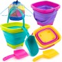Sloosh Cubo Plegable (Paquete de 3, con 3 Palas), Cubo de Arena, Cubo, arenero, Cubo Cuadrado para Fiesta de Verano, Cubo