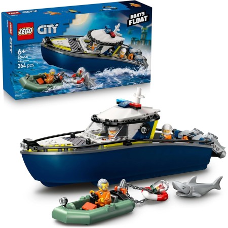 LEGO City Persecución en Barco de Policía - Juego Policial con 2 Barcos de Juguete, 3 Minifiguras y Figura de Tiburón - Regalo