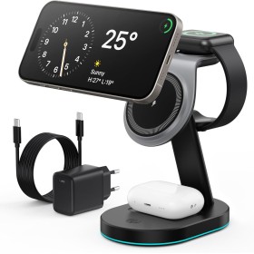 3 en 1 Estacion de Carga Inalámbrica, Certificación Qi2 15W mag-Safe Cargador Inalambrico Rápida con 30W Adaptador USB C&Luz
