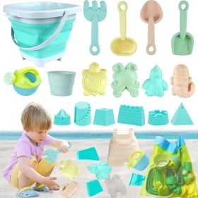 VEEKAY Juego de Juguetes de Playa,18pcs Juguetes De Playa para niños con Cubo Plegable,Juguetes de Arena,Juguete para