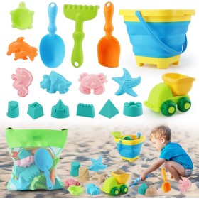 VFANDV Juguetes Playa, 18 Piezas Juguetes de Playa para Niños con Cubo Plegable Moldes de Arena Camión de Arena Palas y Bolsa de