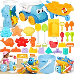 ZQEJEFD Juguetes Playa, 30 Piezas Juguetes de Playa para Niños con Cubo, Moldes de Arena, Rueda de Agua,Camión de Arena, Palas y