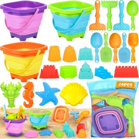 CIANBIFN 24 Piezas Juego de Juguetes de Arena para la Playa, Juego de Juguetes de Arena con Cubo Plegable, Pala, Moldes de