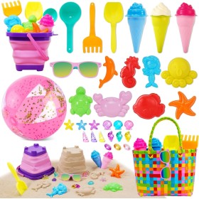 Echehi 37Piezas Juguetes de Playa para Niñas, Juegos Playa con Cubo de Playa Plegable 2L, Gafas de Sol, Pelota Playa, Moldes de