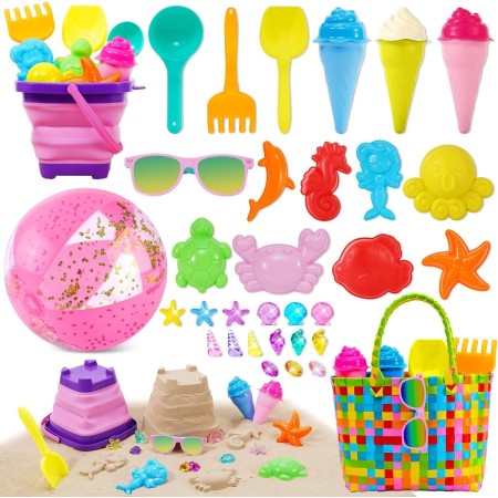 Echehi 37Piezas Juguetes de Playa para Niñas, Juegos Playa con Cubo de Playa Plegable 2L, Gafas de Sol, Pelota Playa, Moldes de