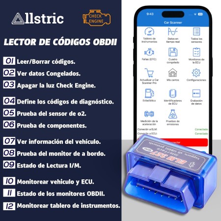Allstric® Obd2 Diagnosis Coche Multimarca. ELM 327 Lector y Herramienta de Análisis y Diagnostico. Obd2 Bluetooth OBD Original