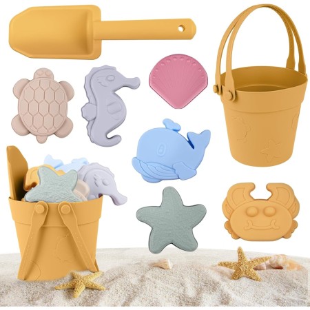 HOTUT Juguetes de Playa de Silicona,8 Piezas Juego de Moldes de Arena de Silicona,Juguetes Arena Juegos de Playa para Bebe,Cubo