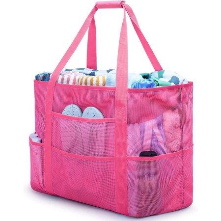 Czemo Bolsa de Playa Malla Grande Ligero con Cremallera 7 Bolsillos pequeños, de Picnic para Niñas, Reusable Shopping Bags para