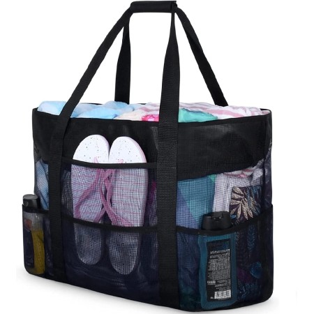 Czemo Bolsa de Playa Malla Grande Ligero con Cremallera 7 Bolsillos pequeños, de Picnic para Niñas, Reusable Shopping Bags para