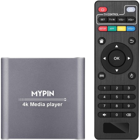 MYPIN Reproductor Multimedia 4K, Media Player con Control Remoto para Disco Duro de 8TB/Unidad USB/Tarjeta TF/H.265 MP4 PPT MKV