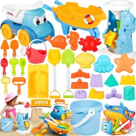 GUHAOOL Juguetes Playa, 30 Piezas Juguetes de Playa para Niños con Cubo, Moldes de Arena, Rueda de Agua,Camión de Arena, Palas y