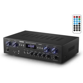Amplificador Audio Bluetooth 5.0, Donner Amplificador Audio Estéreo 4 Canales, Amplificador HiFi 440W con USB, SD, FM, 2 Mic IN