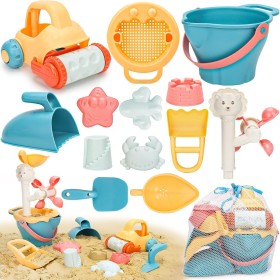Sanlebi Juguetes Playa Niños con Cubo, Palas y Bolsa de Malla Reutilizable, Juguetes Arena Juegos de Playa para Bebe 3 4 5 Años