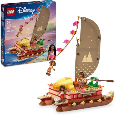 LEGO | Disney Vaiana 2 Canoa de Aventuras de Vaiana - Barco de Juguete con Vela Textil, Hoguera, 3 Mini Muñecos Inc. Loto y Moni