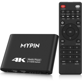 MYPIN Reproductor Multimedia 4K con función de conmutador HDMI de 2 entradas 1 Salida, Conmutación Automática con Mando a