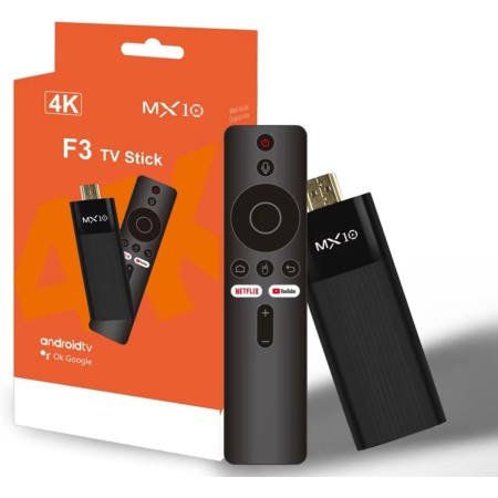 MX10 F3 TV Stick - Android TV 4K con control remoto Bluetooth
