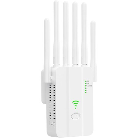 Repetidor WiFi Potente, Amplificador Señal WiFi, WiFi Extender con 6 Antenas, 2 Puertos LAN, Modos (Repetidor, Router, Ap),