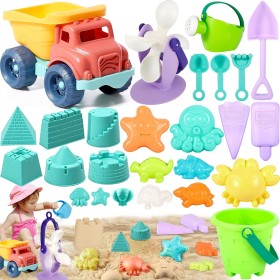 FAMKEEP 26 Piezas Juguetes de Playa, Juegos con Cubo, Palas, Rastrillo y Bolsa de Malla Reutilizable. Moldes de Arena, para