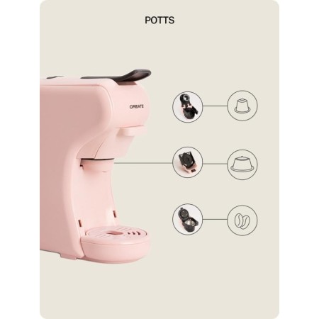 CREATE / POTTS / Cafetera multicápsula express y café molido Rosa / 19 bar, programable, ligera y compacta, tanque 600ml,
