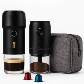 Set Cafetera Portátil Cápsulas + Molinillo de Café Eléctrico con Batería Recargable + Bolsa de Transporte Impermeable |