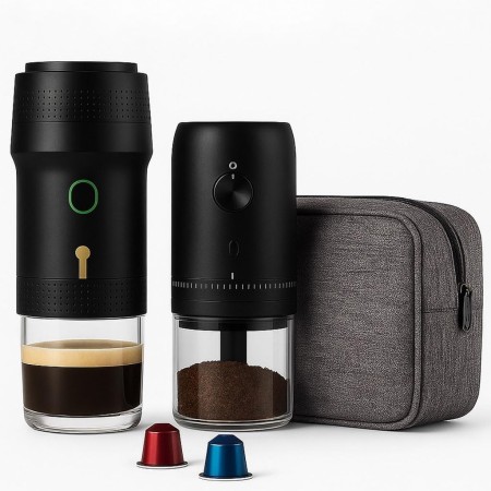 Set Cafetera Portátil Cápsulas + Molinillo de Café Eléctrico con Batería Recargable + Bolsa de Transporte Impermeable |