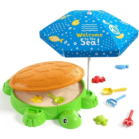HYES Arenero de Tortuga para Jardin, Arenero con Sombrilla, 8 Piezas de Pala de Arena, Juguete de Playa, Arenero Niños con Tapa,