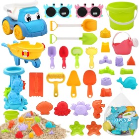 KIMIGO Juguetes Playa,Juguetes Arena,33pcs Juguetes de Playa para Niños con Cubo,Palas y Bolsa de Malla Reutilizable,Gafas de
