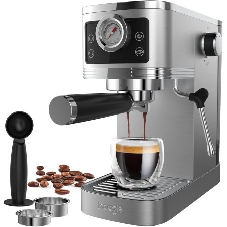 iceagle Cafetera Espresso 20 Bares Bomba Italiana - 1350W Máquina de Café Manual Acero Inoxidable, Varilla de Vapor 10MM,