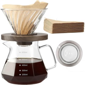 Lalord Cafetera de Goteo de Borosilicato de 20 onzas con Filtro de Papel V02, 100 hojas, Mango de Nogal y Tapa de Cafetera, 600